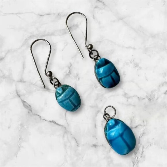 Turquoise Scarab Carved Jewelry Set, Earrings and Pendant, Egyptian - Vintage - Picture 4 of 4